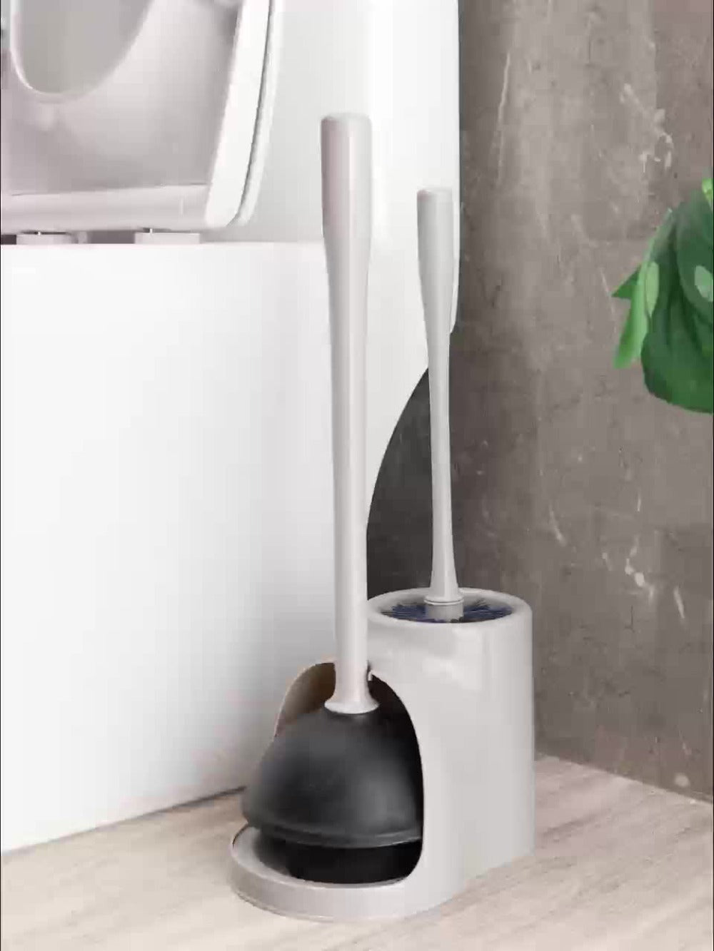 Toilet Plunger and Bowl Brush Combo with Separate Holders and Compact Gray Bathroom Storage Design