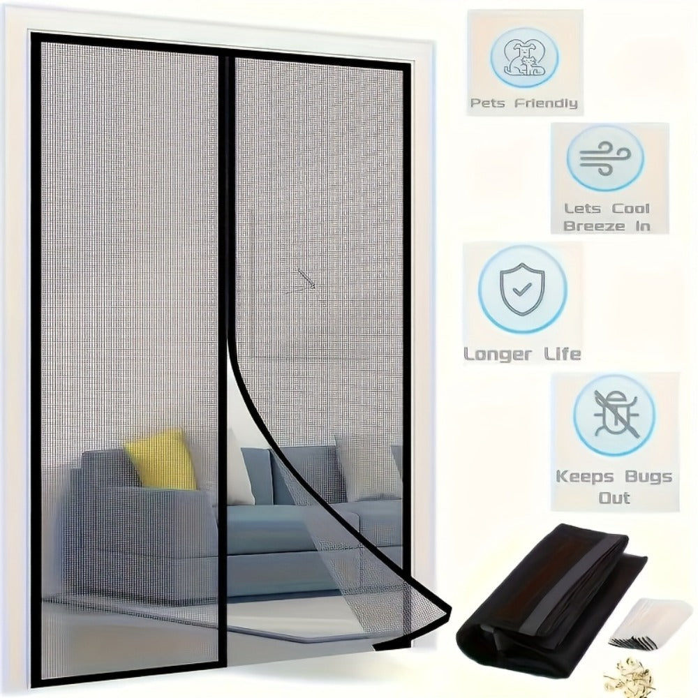 Black Magnetic Screen Door with Mesh Curtain, Metal Frame and Self-Closing Center for 39 x 82 Inch Doorways