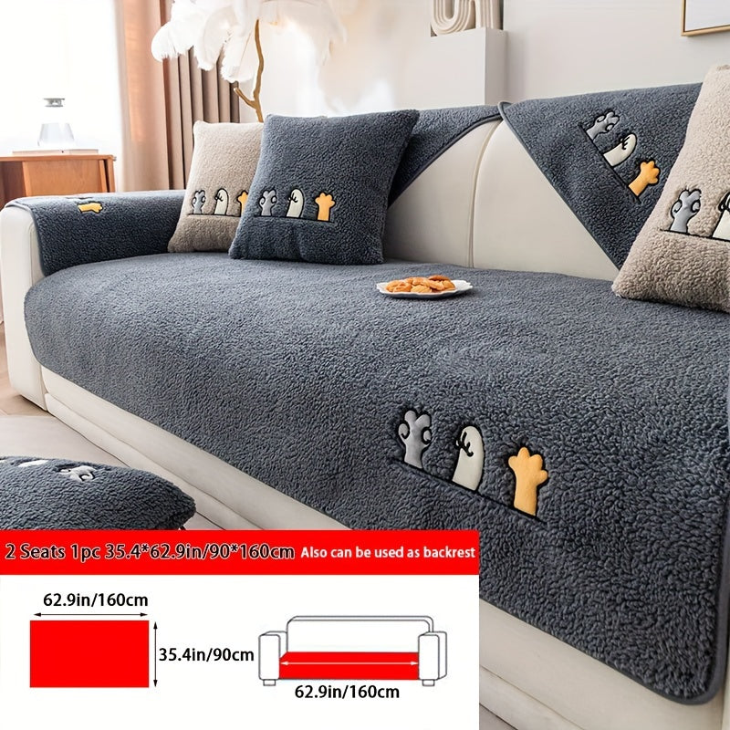 Sofa Cover Thick Plush Shearling Panels with Animal and Bone Embroidery and Non-Slip Feature for 2 to 4 Seats