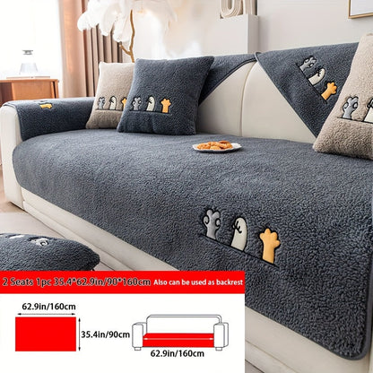 Sofa Cover Thick Plush Shearling Panels with Animal and Bone Embroidery and Non-Slip Feature for 2 to 4 Seats