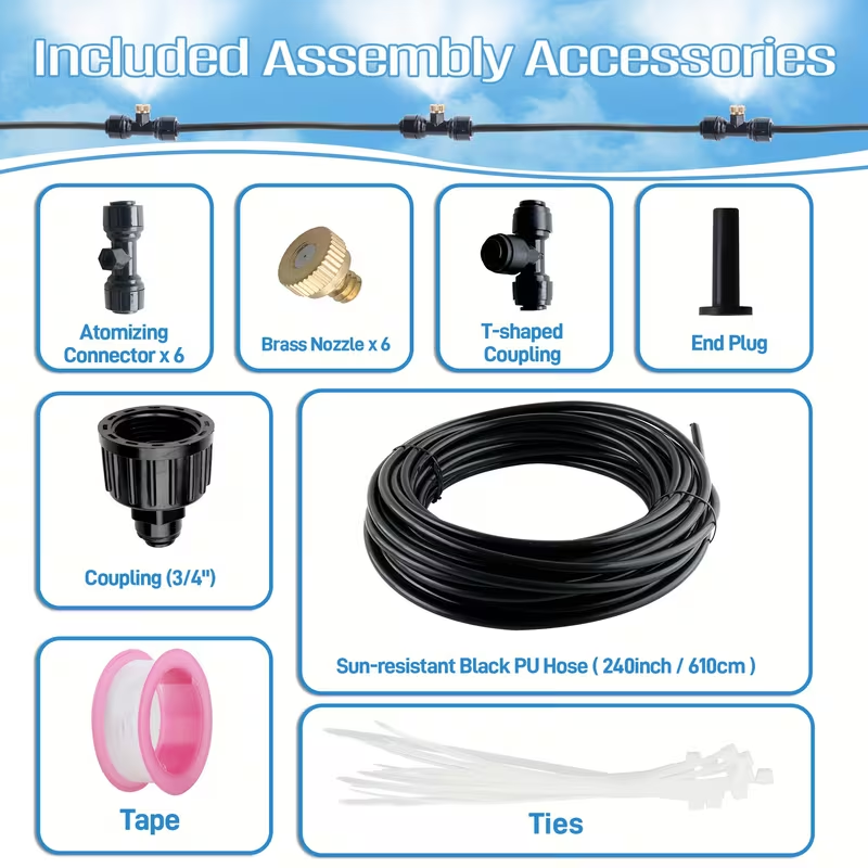 Expandable Garden Hose with Brass Mist Nozzles – Flexible Outdoor Misting Cooling System for Patio, Lawn & Greenhouse (20FT / 50FT / 80FT)