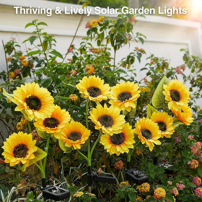 Solar Sunflower Garden Stake Lights, Four Assemblies with 12 Flowers and 8 Butterfly Clips