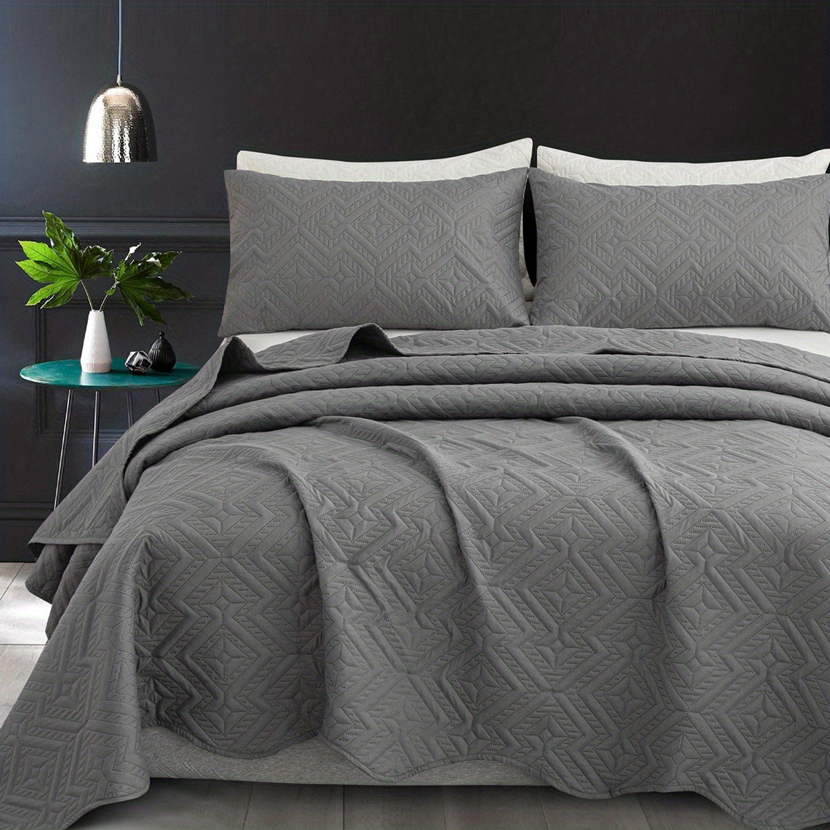 Rhombus-Pattern Three-Piece Bedspread Set in Khaki, Matcha, Blue and Grey with Twin to King Sizes