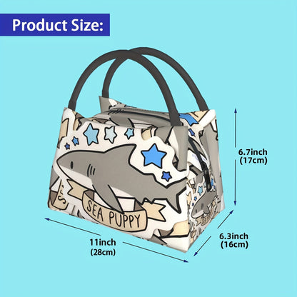 Gray Shark-Pattern Lunch Bag with Twin Handles, Zip Top and Structured Rectangular Carrying Shape