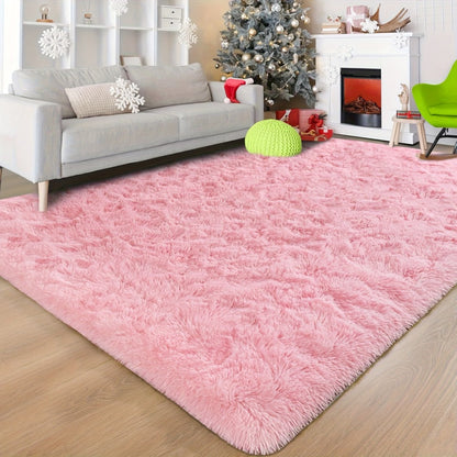 Shaggy Area Rug Soft Plush Fuzzy Carpet Non-Slip Tie-Dye Design for Bedroom Living Room Nursery Dorm — Pet Friendly Machine Washable Multiple Sizes & Colors
