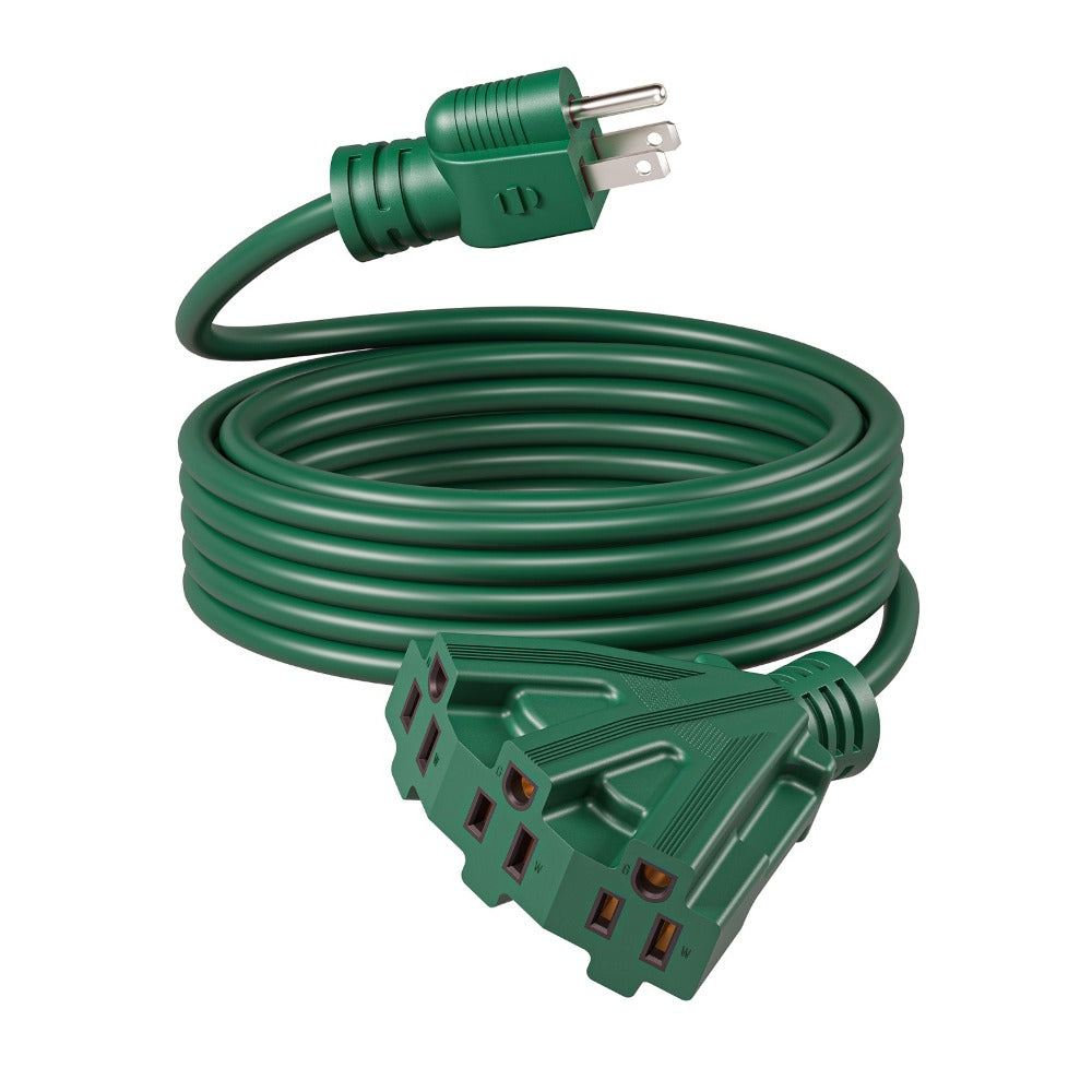 Green 12-Foot 16/3 Extension Cord with Three-Outlet Splitter, 13A 125V and 1625W Pictured Label