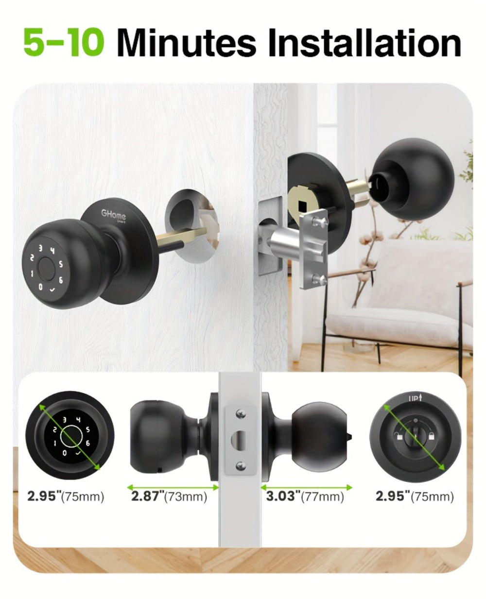 GHome Smart Lock Knob with Fingerprint & Keypad - USB-C Rechargeable, App-Controlled Keyless Entry, Auto-Lock, Passage & Privacy Mode, K10 / K10 PRO / K20 / KD03 PRO, for Home Bedroom Office