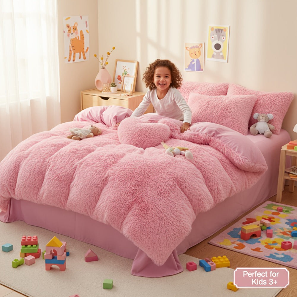 Plush Faux Fur Duvet Cover Set with Heart Pillow, Corner Ties and Twin, Queen or King Sizes in Eight Colors