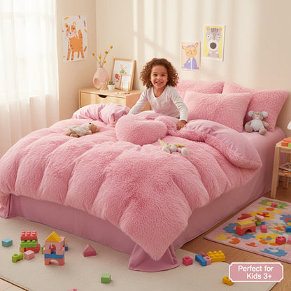 Plush Faux Fur Duvet Cover Set with Heart Pillow, Corner Ties and Twin, Queen or King Sizes in Eight Colors