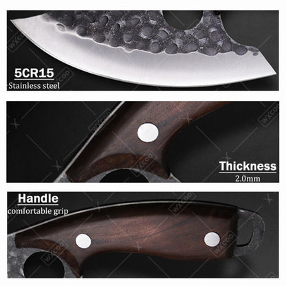Viking Chef Knife Set 3/4pcs Hammered Stainless Steel Kitchen Knives – Boning, Utility & BBQ Knife with Wooden Handle for Cooking, Camping & Outdoor