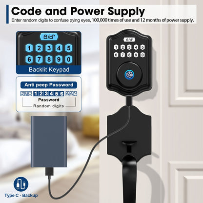Keypad Deadbolt Lock Fingerprint Keyless Entry – Electronic Door Lock with Code Fingerprint & Key, 300 Users Temporary Code for Front Door Home Office