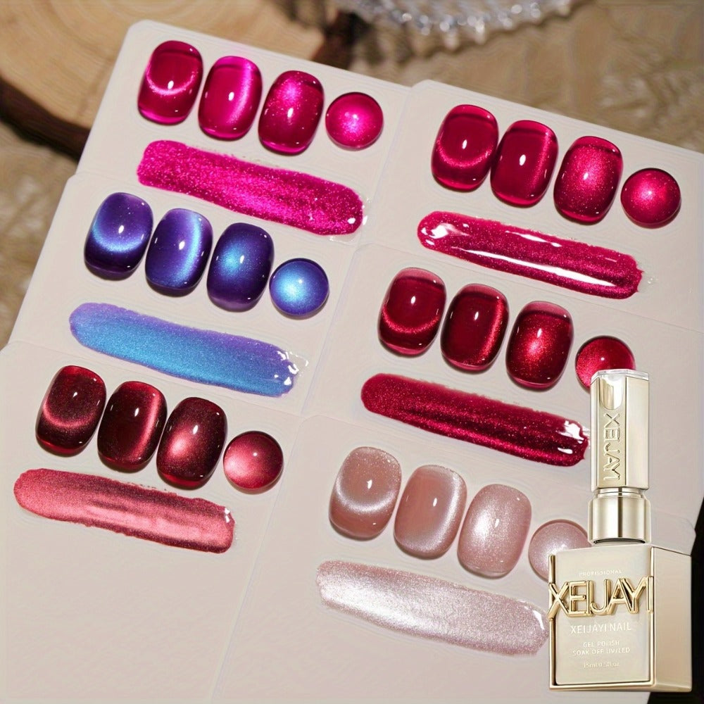 Gel Nail Polish 6-Color Berry Magnetic Cat-Eye Set in Frame Bottles with Plum-to-Magenta Shades