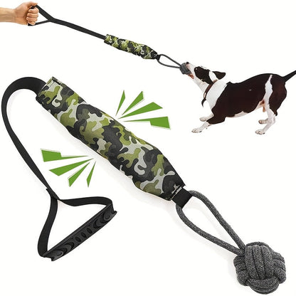 Dog Toy Rope Tug with Knotted Squeaky Ball in Camouflage, Corn, Eagle or Shark Designs for Larger Dogs