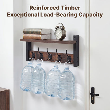 Wall Mounted Coat Hook Shelf with 5 Hooks - Wooden Floating Shelf & Key Rack Organizer for Entryway, Bedroom, Bathroom, Kitchen & Living Room - Rustic Vintage Style