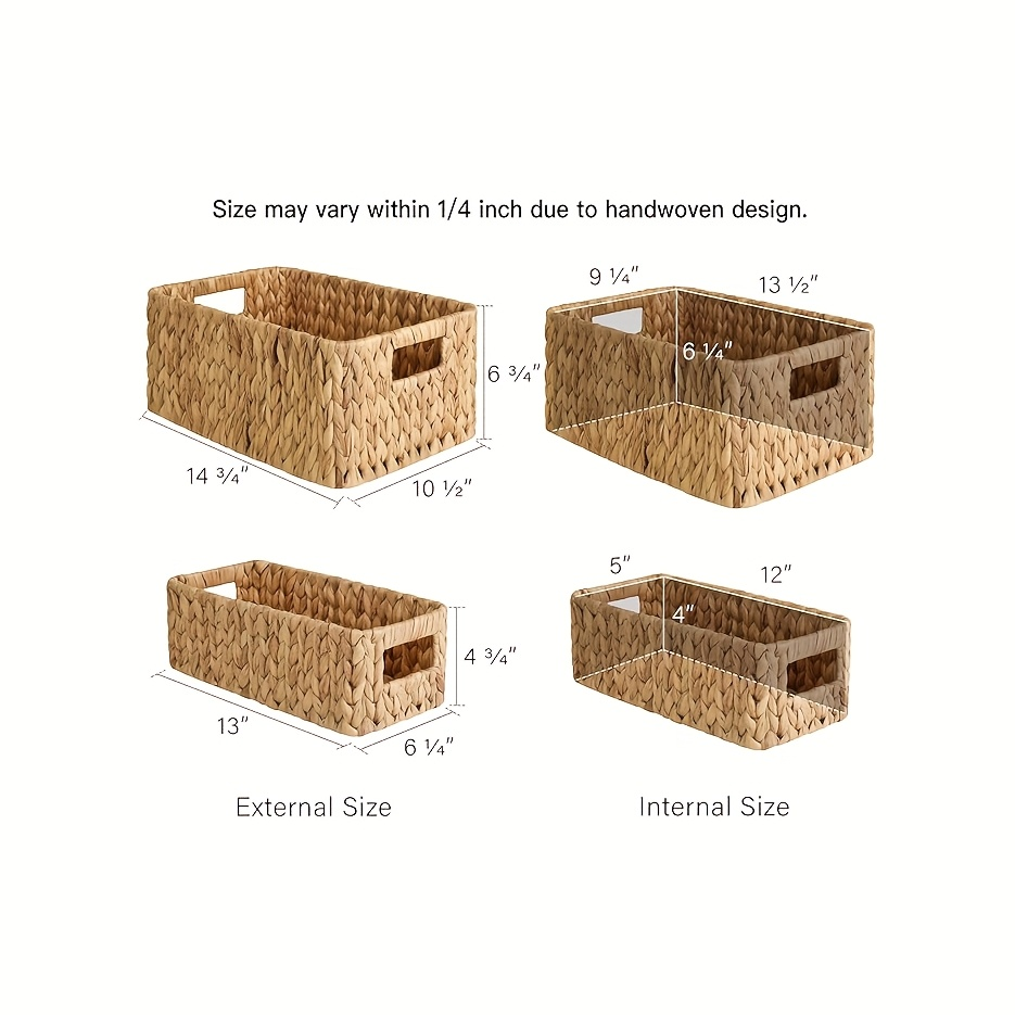 Seagrass & Water Hyacinth Storage Basket with Built-in Handles - Hand-Woven Square Wicker Bins for Bedroom Bathroom Pantry Shelves, Multiple Styles