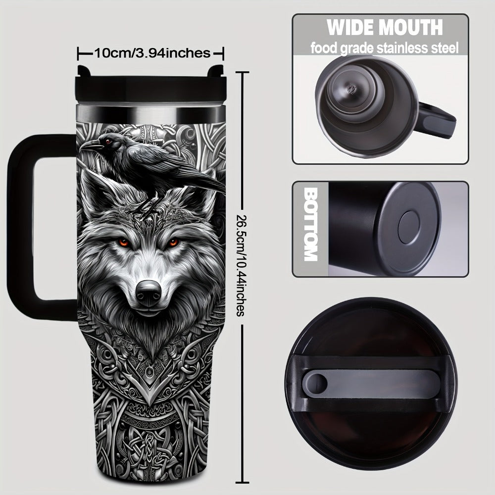 40oz Wolf-and-Raven Graphic Handled Tumbler with Black Lid, Straw and 10 x 26.8 cm Pictured Size