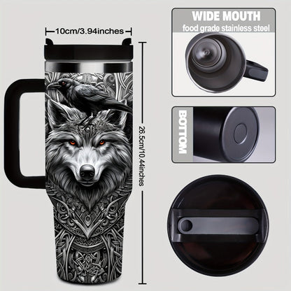 40oz Wolf-and-Raven Graphic Handled Tumbler with Black Lid, Straw and 10 x 26.8 cm Pictured Size