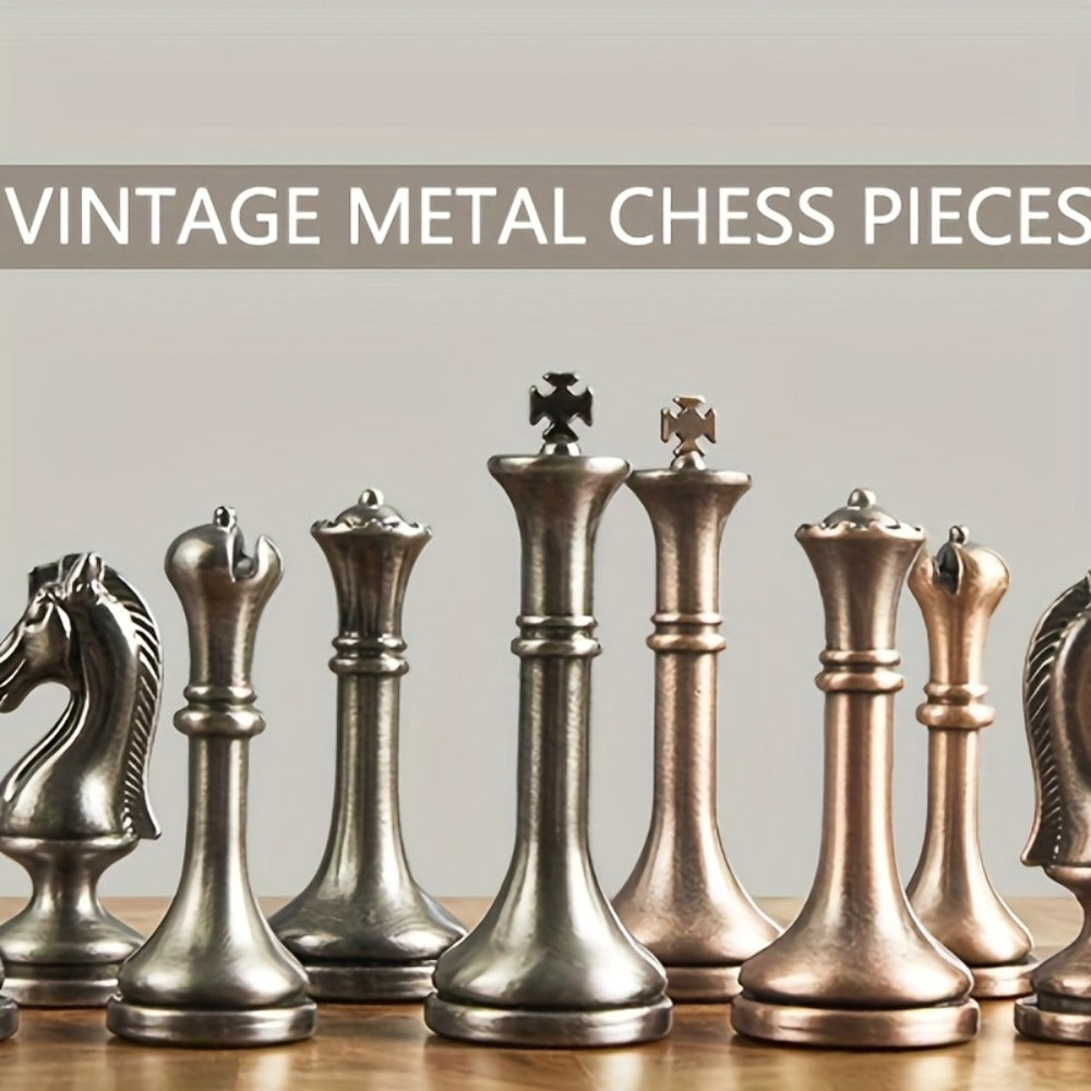 12-Inch Wooden-Style Chess Set with Metal-Finish Pieces, Two Storage Drawers and Two Extra Queens for Adults