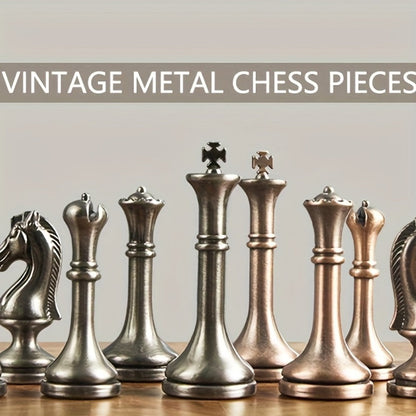 12-Inch Wooden-Style Chess Set with Metal-Finish Pieces, Two Storage Drawers and Two Extra Queens for Adults