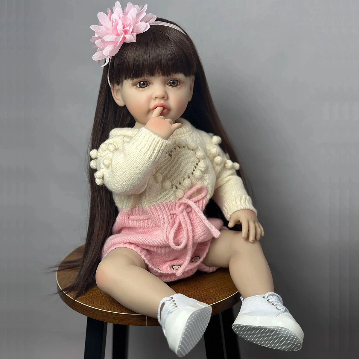 Reborn Baby Doll 22-Inch Full Vinyl Seated Design with Long Dark Wig Hair, Acrylic Eyes and Outfit Set