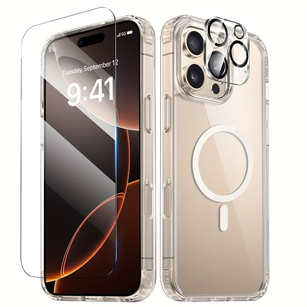 MagSafe iPhone Case with Screen Protector & Camera Lens Protector – N52 Super Magnet Shockproof Clear TPU PC Cover, Anti-Yellow, 3-in-1 Bundle for iPhone 16 16 Plus 16 Pro 16 Pro Max 15 14 13 11