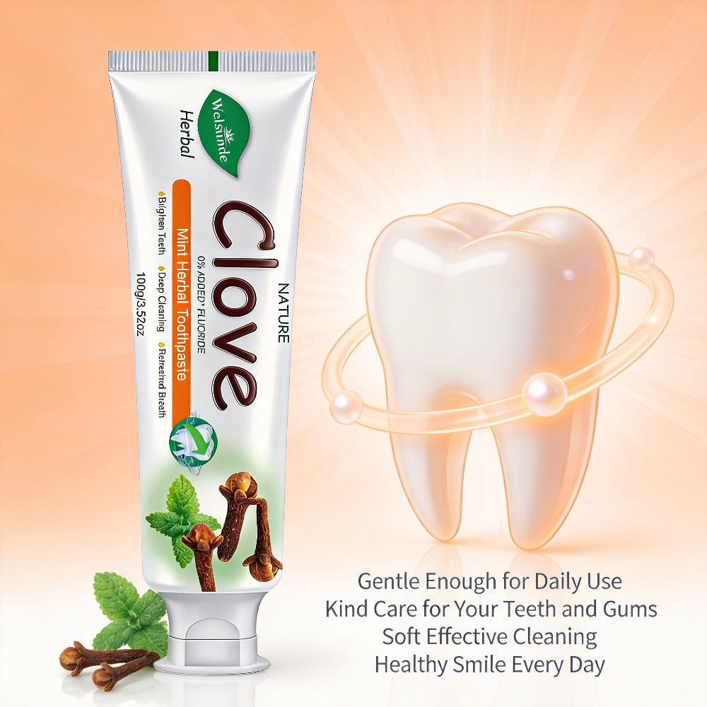 100g Mint and Clove Herbal Toothpaste Tube with Flip-Top Cap, Front-Label Ingredients and One-Piece Pack