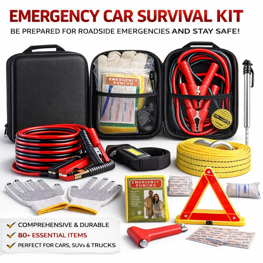 Car Emergency Roadside Kit with Jumper Cables - 12-Piece Automotive Safety Kit with Tow Rope, Safety Hammer, Tire Gauge, LED Headlight & First Aid for Car Truck SUV