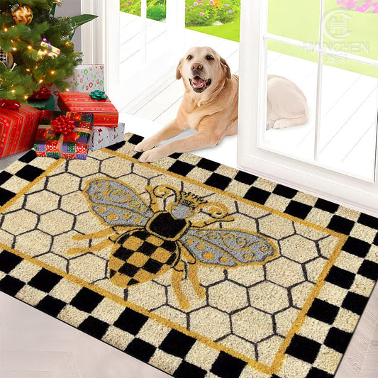 Non-Slip Bee Honeycomb Flannel Floor Mat Machine Washable Welcome Rug Indoor Outdoor Entryway Bedside Living Room Kitchen Bee Themed Home Decor