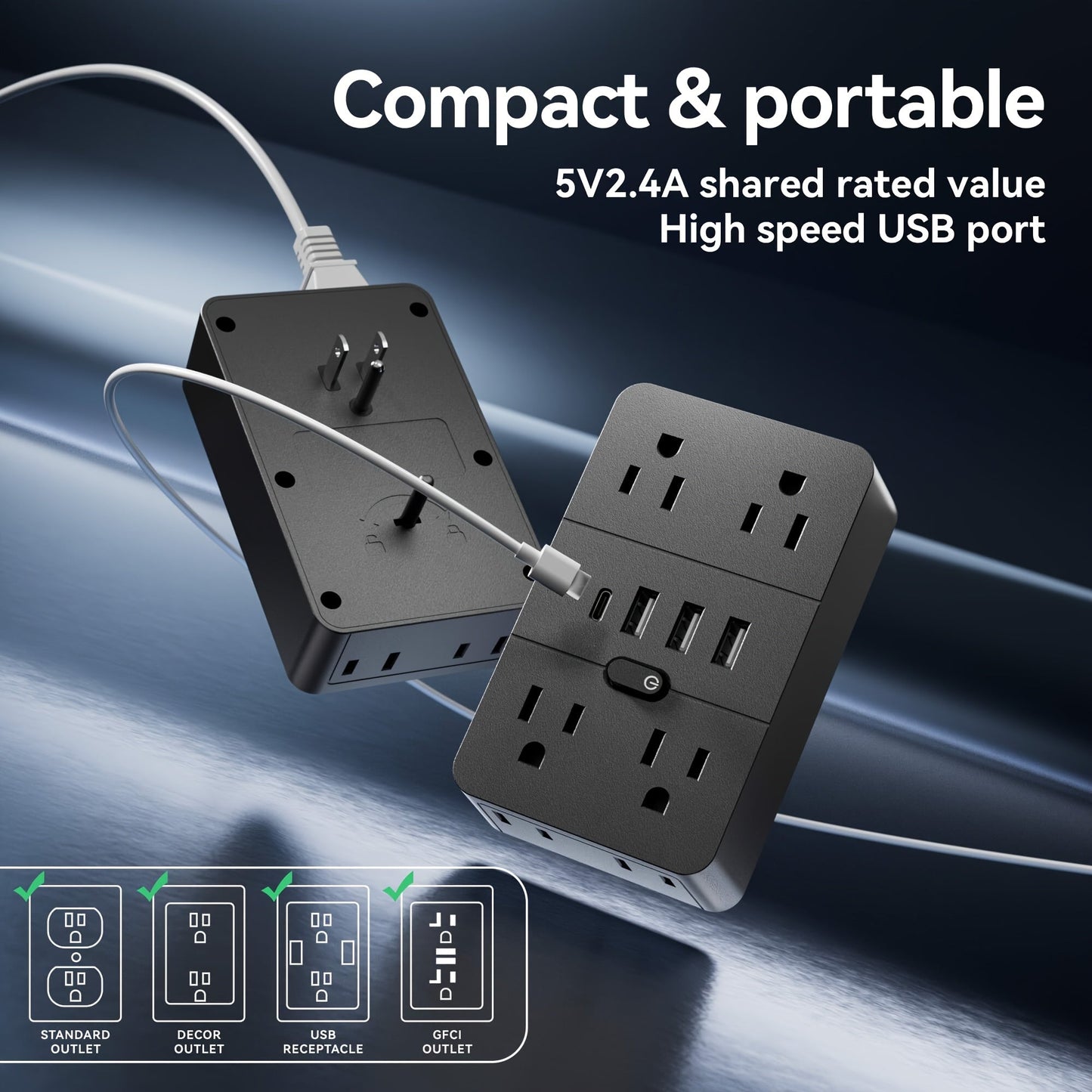 Power Strip 9-in-1 Desktop Station with LED Lamp, Digital Clock, 4 AC Outlets, 3 USB-A and 2 USB-C Ports