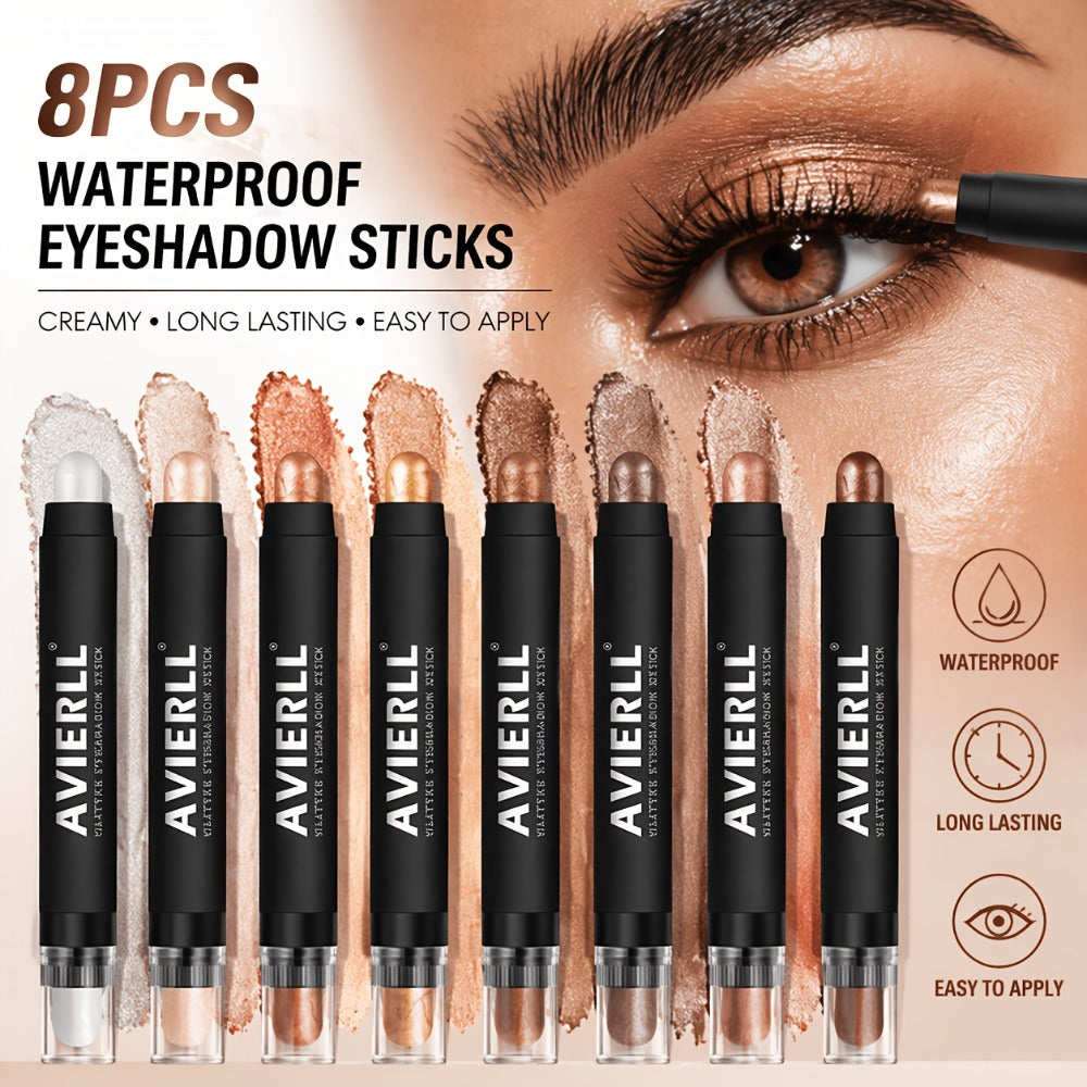 Waterproof Eyeshadow Stick Set 8 Piece – Shimmer, Pearlescent & Matte Eye Shadow Pencils, Creamy Blendable Formula, Long-Lasting Smoky Natural Glitter Eye Looks, Gift for Her