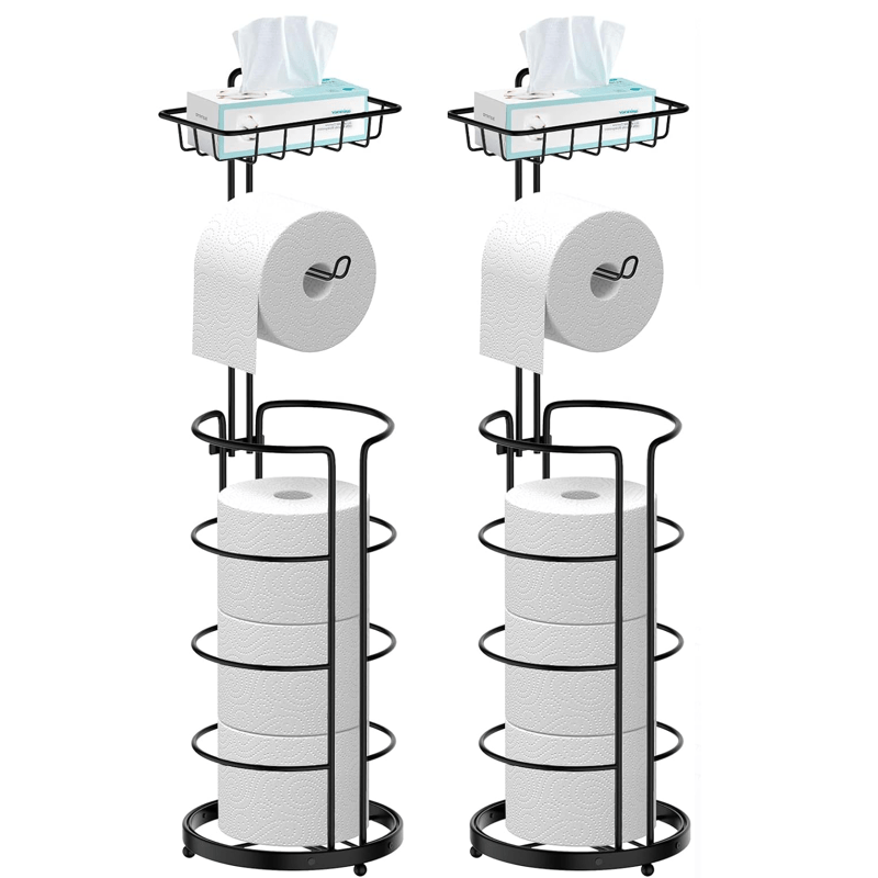 Toilet Paper Holder Floor Standing with Shelf 4-Roll Storage Rack Freestanding Bathroom Paper Organizer for Bathroom Bedroom Balcony Courtyard Black 1 or 2 Pack