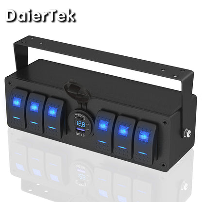 6 Gang Rocker Switch Panel 12V – SPST ON/OFF LED Switch Box with Dual USB PD3.0 & QC3.0 Fast Charger, Built-in Voltmeter for Car, Truck, Boat, Marine, RV, UTV