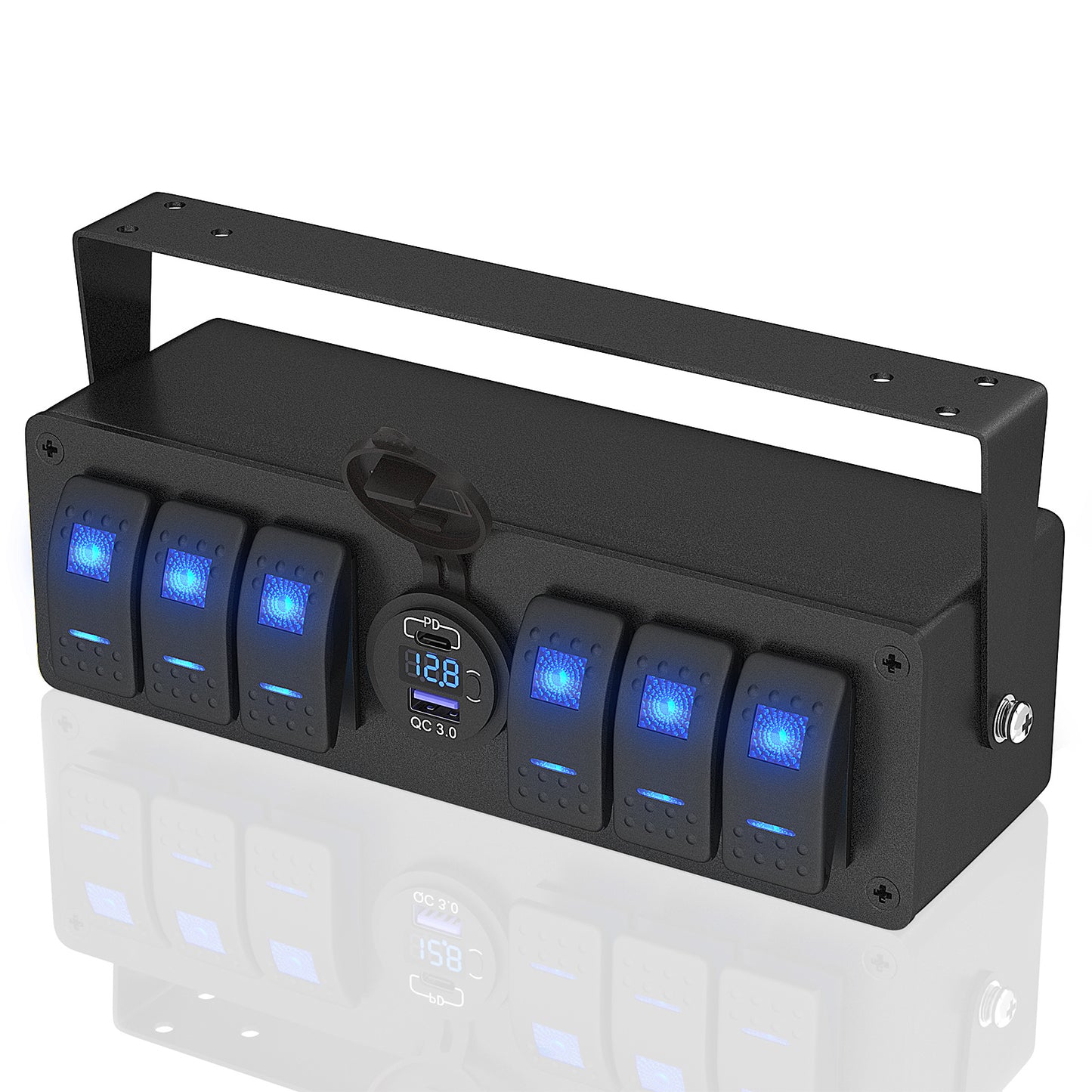 6 Gang Rocker Switch Panel 12V – SPST ON/OFF LED Switch Box with Dual USB PD3.0 & QC3.0 Fast Charger, Built-in Voltmeter for Car, Truck, Boat, Marine, RV, UTV