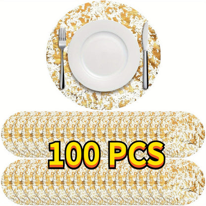 Round Golden Foil Placemats in 50- or 100-Piece Sets with 11-Inch Mesh Design for Party Tables