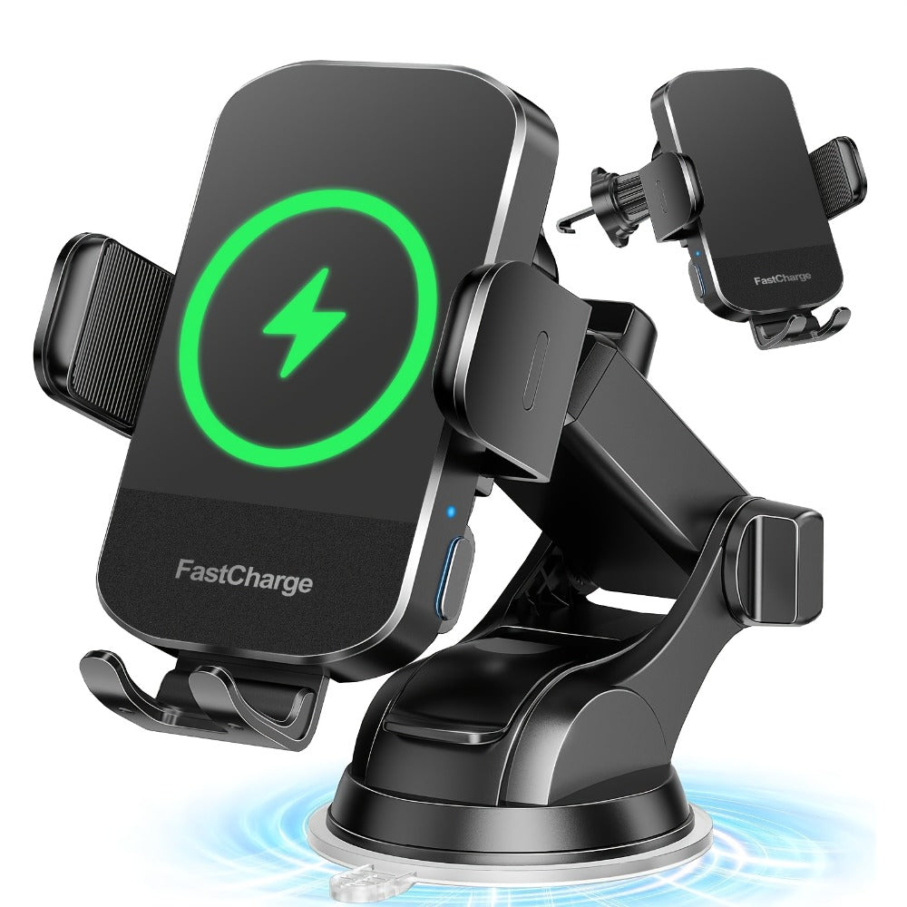 Brass-Tone Wireless Car Charger Mount with Side Clamps, Suction Base and Pictured Air-Vent Clip
