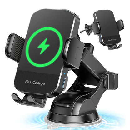 Brass-Tone Wireless Car Charger Mount with Side Clamps, Suction Base and Pictured Air-Vent Clip