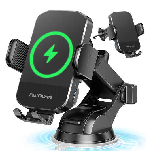 Wireless Car Charger Mount 15W Auto-Clamping – Fast Charge Phone Holder for iPhone 17 16 15 14 13 12 Pro Max, Samsung Galaxy S24 S23 S22 S21 S10 & All Qi Phones | USB-C Dashboard & Vent Mount