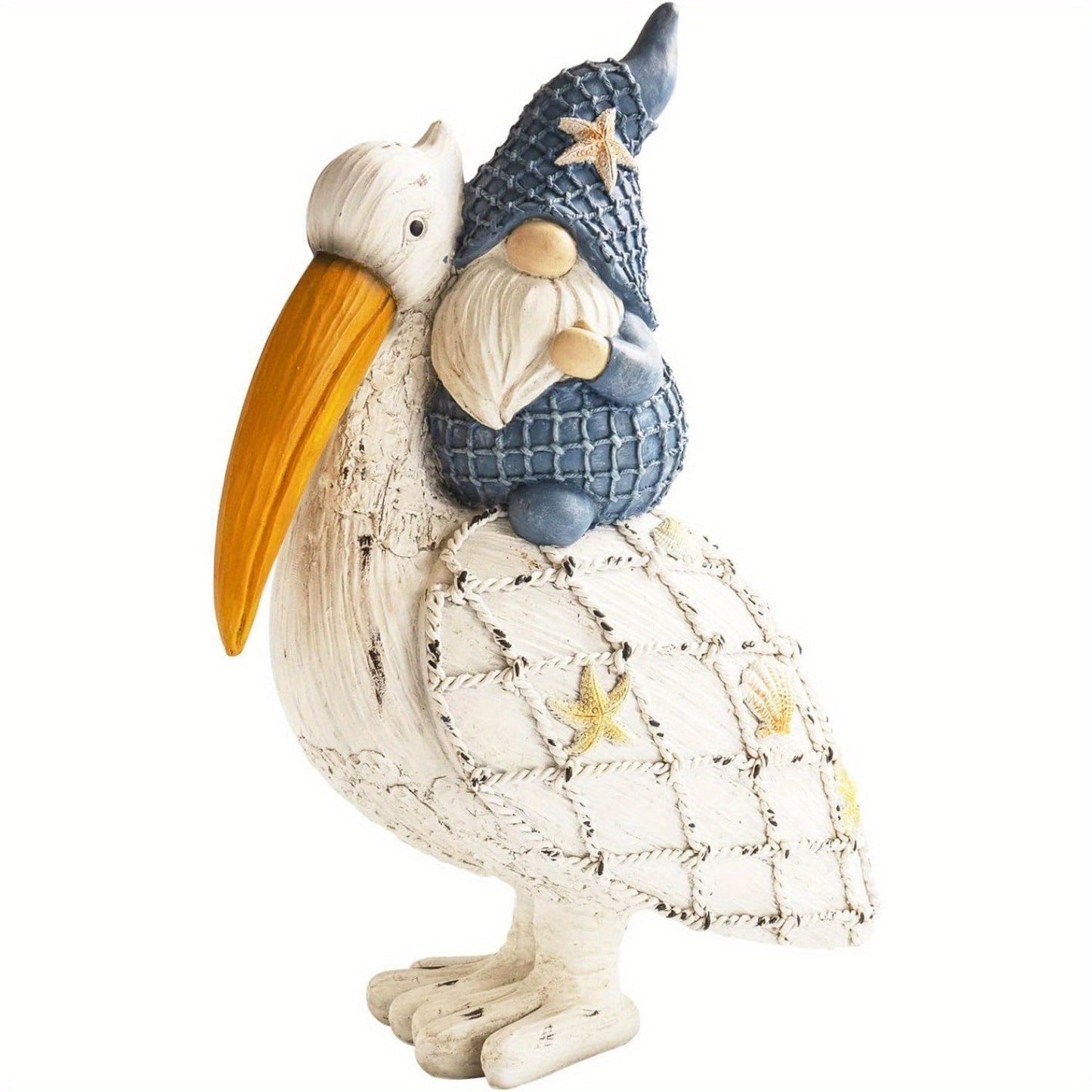 Pelican Gnome Figurine 11.5" – Resin Coastal Beach Decor with Starfish & Seashell, Tabletop Statue for Home, Garden & Poolside – Summer Gift & Nautical Decor