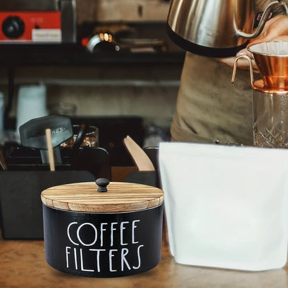 Coffee Filter Holder Kitchen Organizer with Wooden Lid, Countertop Canister in Black or White