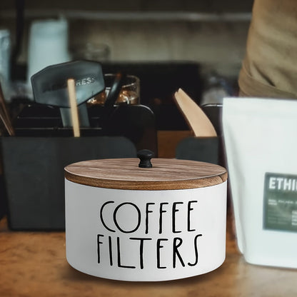 Coffee Filter Holder Kitchen Organizer with Wooden Lid, Countertop Canister in Black or White