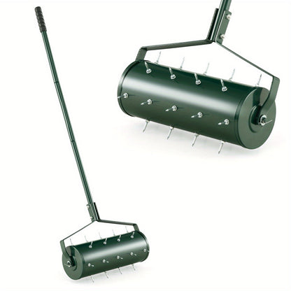 Rotary Lawn Aerator 18" Spike Drum with 27 Galvanized Steel Spikes, Fillable with Sand or Stone, 51" Anti-Slip Handle for Deep Soil Aeration Lawn Garden Yard