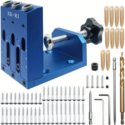 Adjustable Pocket Hole Jig Kit with Three 15-Degree Drill Guides, Bits, Screws, Plugs and Hex Drivers