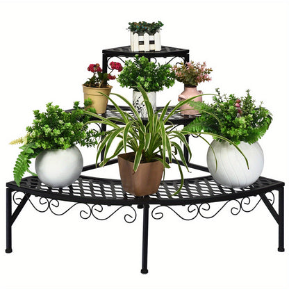 Plant Stand 3 Tier Metal Corner Ladder Shelf – Fan-Shaped Flower Rack with Non-Slip Feet for Indoor & Outdoor Patio, Balcony, Living Room Garden Display