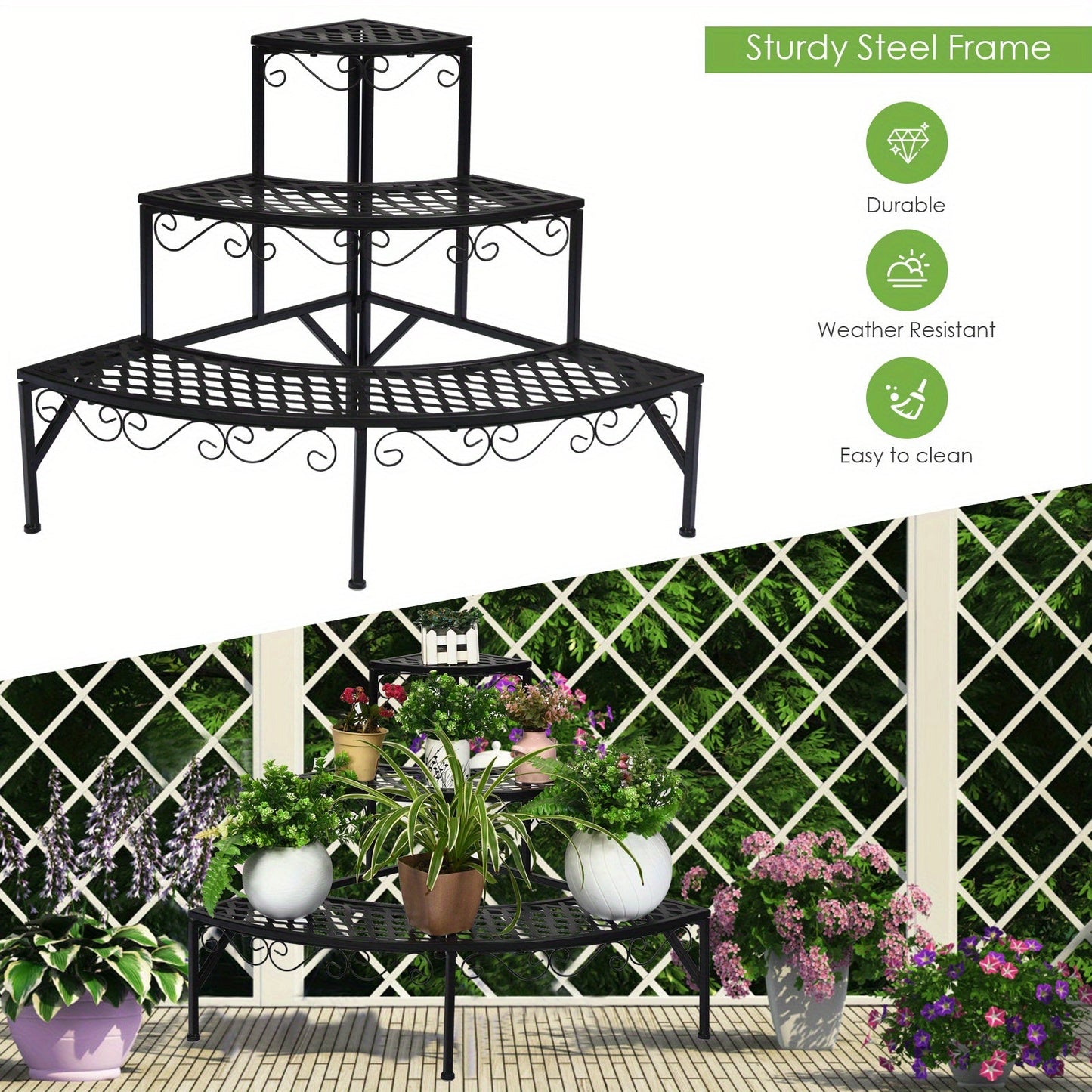 Plant Stand 3 Tier Metal Corner Ladder Shelf – Fan-Shaped Flower Rack with Non-Slip Feet for Indoor & Outdoor Patio, Balcony, Living Room Garden Display
