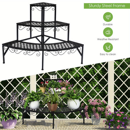 Plant Stand 3 Tier Metal Corner Ladder Shelf – Fan-Shaped Flower Rack with Non-Slip Feet for Indoor & Outdoor Patio, Balcony, Living Room Garden Display