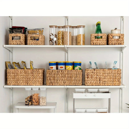 Seagrass & Water Hyacinth Storage Basket with Built-in Handles - Hand-Woven Square Wicker Bins for Bedroom Bathroom Pantry Shelves, Multiple Styles