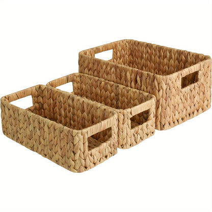 Seagrass & Water Hyacinth Storage Basket with Built-in Handles - Hand-Woven Square Wicker Bins for Bedroom Bathroom Pantry Shelves, Multiple Styles