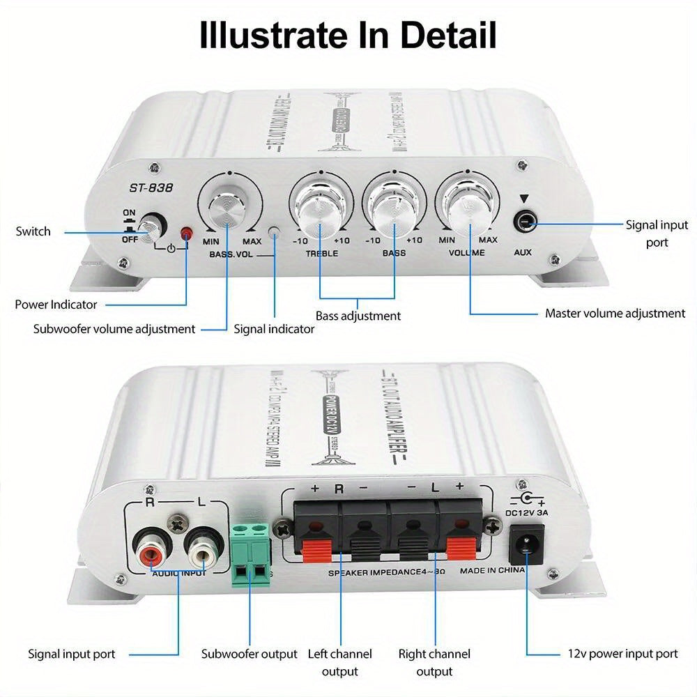 400 Watt 2.1 Channel Car Audio Stereo Amplifier, 12V Class A/B HIFI Power Amp with RCA & AUX Input, Subwoofer Output, Cast Iron Build, 20Wx2+40W RMS, 4-8Ω Speaker Compatible, Model ST-838