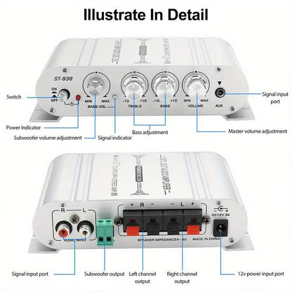 400 Watt 2.1 Channel Car Audio Stereo Amplifier, 12V Class A/B HIFI Power Amp with RCA & AUX Input, Subwoofer Output, Cast Iron Build, 20Wx2+40W RMS, 4-8Ω Speaker Compatible, Model ST-838