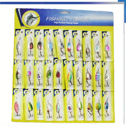 Fishing Lure Set 30-Piece Assorted Metal Spinner and Spoon Baits with Reflective Colors, Hooks and Display-Card Packaging